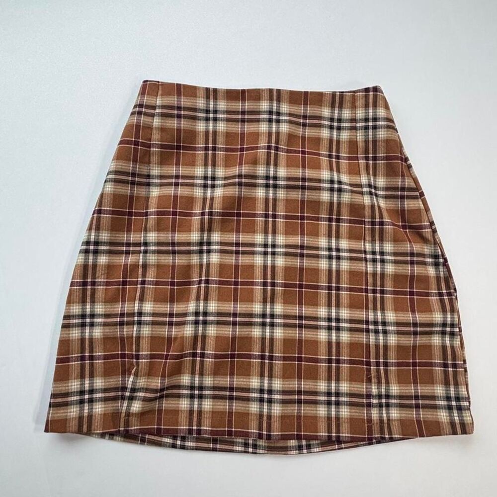 John Galt Brown Bergundy Plaid Mini Skirt Side Slit 90s Y2K One Side